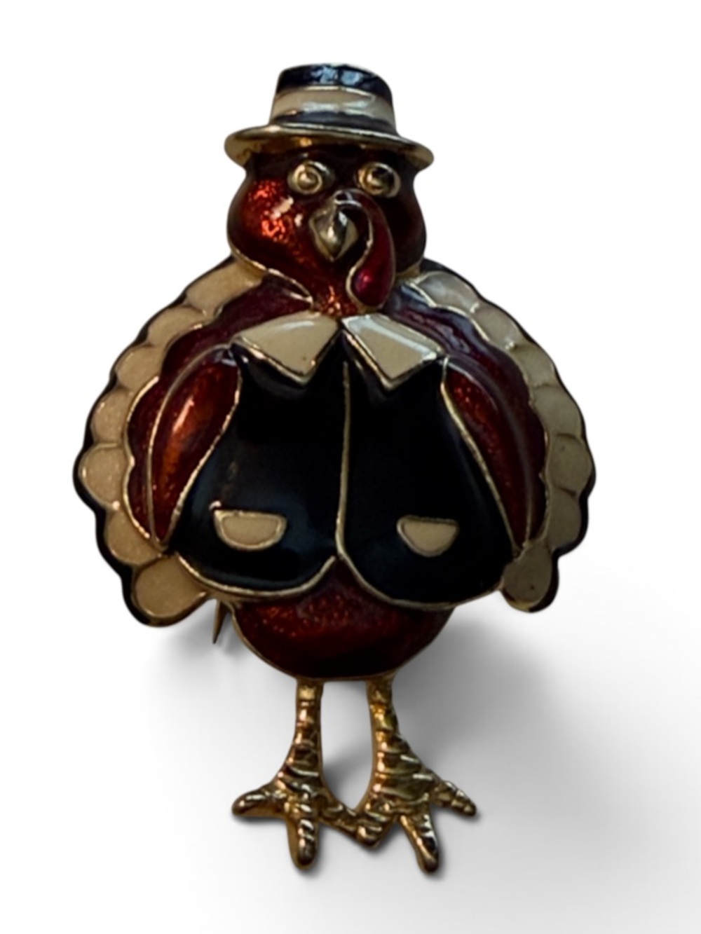 SFS Vintage Signed Cartoonish Pilgrim Turkey Brooch